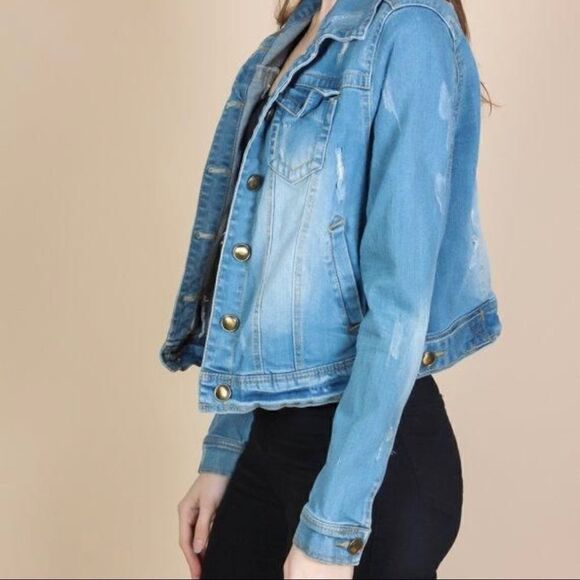 Jou Jou Jackets & Blazers - Jou Jou Distressed Blue Jean Cropped Denim Jean Jacket- Small